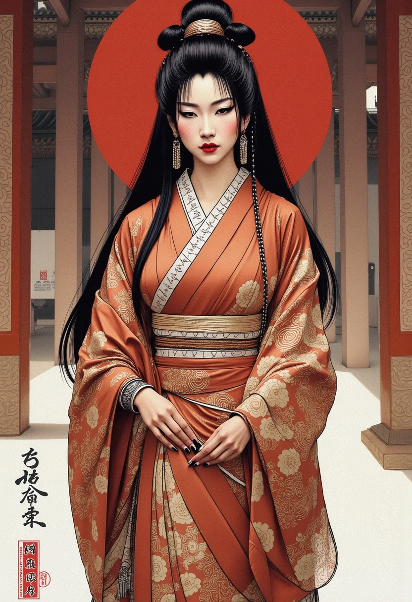 The image is a digital drawing in a highly detailed, traditional Japanese style, specifically a mix of ukiyo-e and modern digital art of suave, Stylish chiton with asymmetrical hemlines and intricate details, Madam, Average Height, in shape, Square Face, Dark Skin, Dark Brown Hair, black Eyes, Narrow Nose, Full Lips, Receding Chin, Long Hair, Curly Hair, Sleek Bun, full breasts, Cuff earrings, black sheer lipstick, Imposing structure with towering columns and grand archways