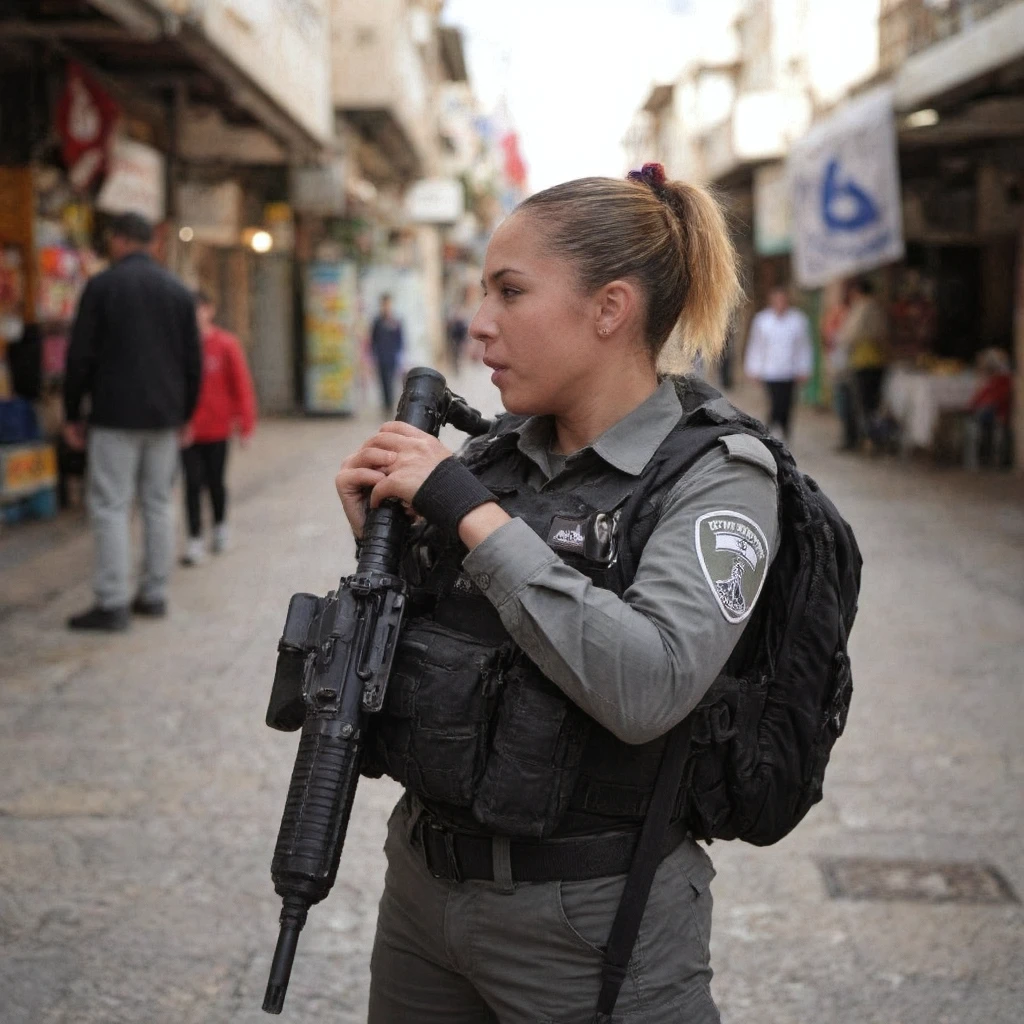 A candid image of a woman with her hair tied behind the head in a grey BP uniform, adjusting her gear, standing in a busy outdoor marketplace