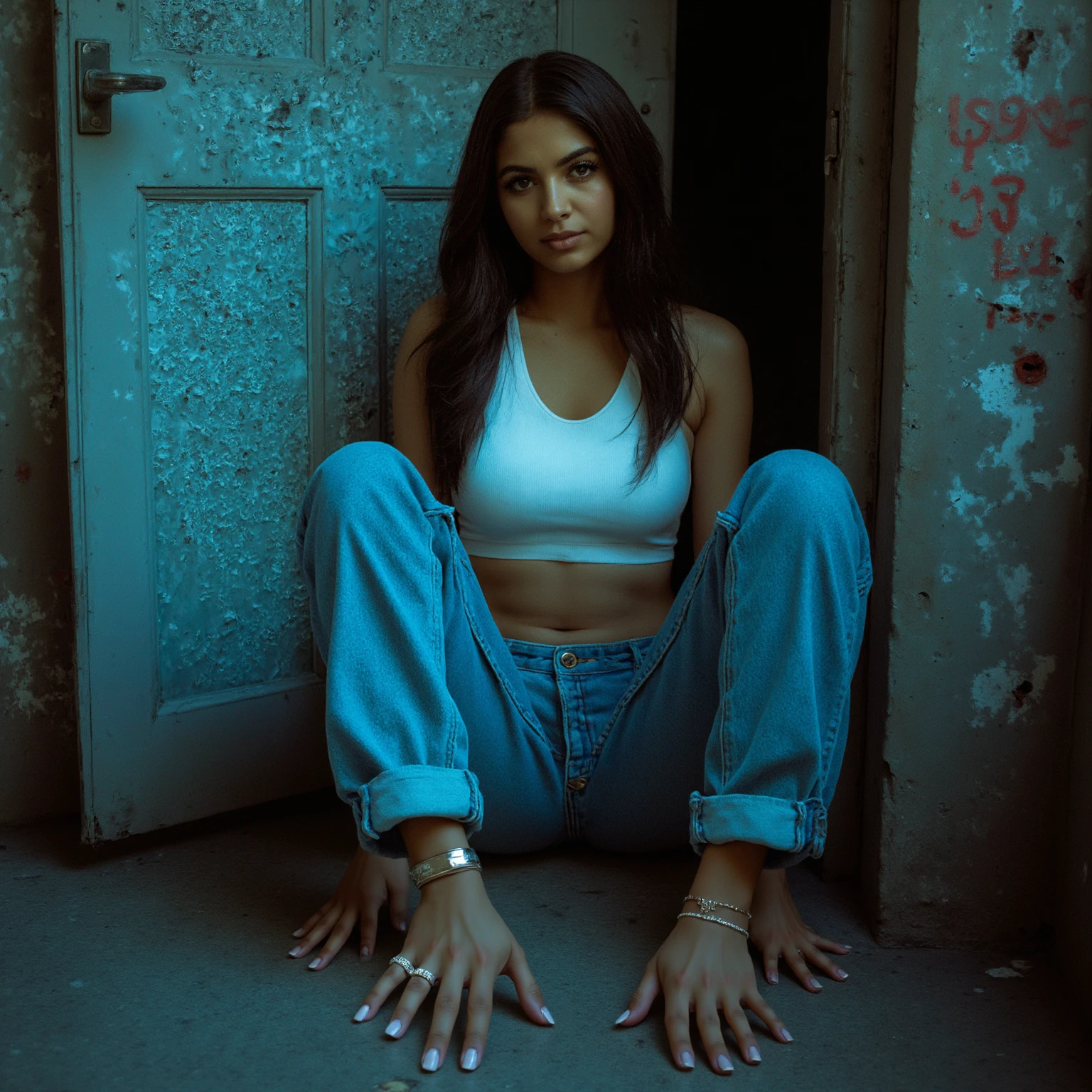 In a gritty cyberpunk city, an Indian woman with smooth, caramel-toned skin sits on a graffiti-covered door, her bare feet dangling. Dressed in a white cropped top and blue denim jeans with frayed edges, she gazes intently at a metallic door handle. Her expression is contemplative, eyes slightly narrowed. A biopunk device glows softly on her wrist. The scene is captured in a close-up, three-quarter view with a shallow depth of field, emphasizing her smooth texture and the urban decay around her. Outdoor lighting casts a cool, blue hue, with soft shadows enhancing the gritty atmosphere. The image is shot on a Sigma fp with a Sigma 45mm f-2.8 DG DN lens, framed with subtle film grain and dark tones, reminiscent of David Fincher's visual style.<lora:Handfeet_-_Flux:1>