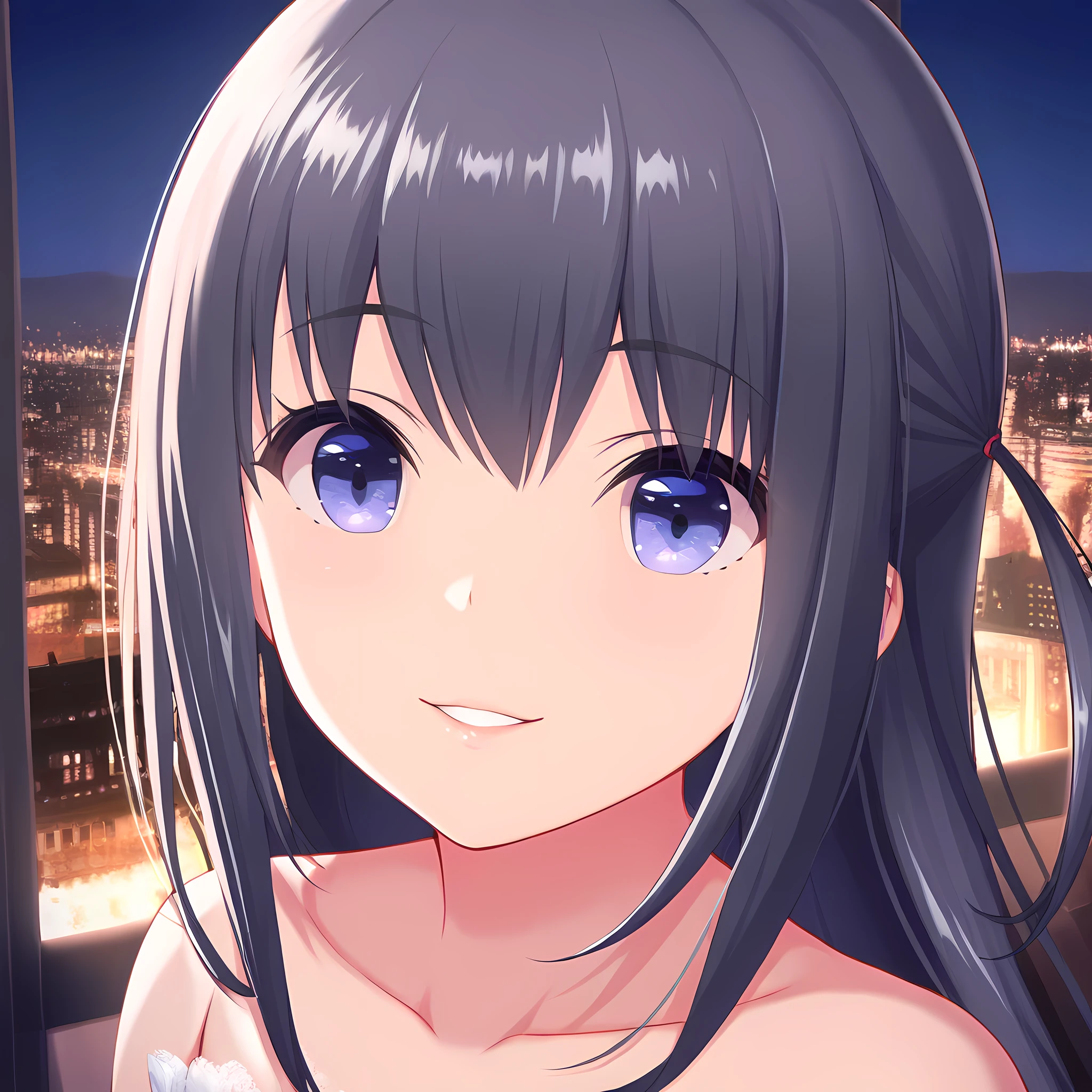 nagase mana, 1girl, one side up, close-up, smile, looking at viewer, parted lips, portrait, city background, midnight, bare shoulders, white dress, <lora:nagasemana:1>, (masterpiece),(best quality),(ultra-detailed),(best illustration),(best shadow),(absurdres),(detailed background),(very aesthetic),