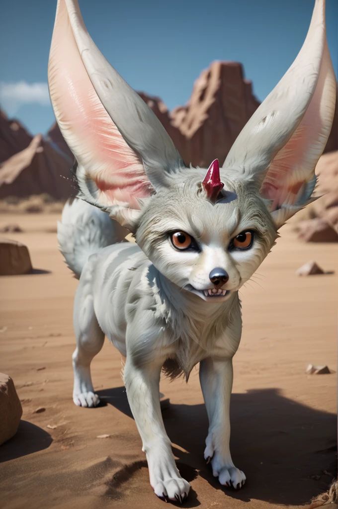 source_furry, score_9, score_8_up, score_7_up, (carbuncle_xv, fennec, fox, feral), white fur, detailed fur, fluffy, large ears, paws, tail, forhead crytal, red crystal, small animal, <lora:FF_Carbuncle09:0.8>, outdoors, desert, standing, look at viewer, looking angry, teeth, zPDXL2, zPDXLpg, zPDXLrl, shaded, best quality, highly detailed, extreme detail, photorealistic