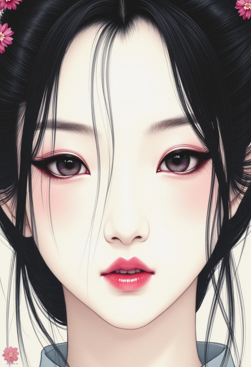 The image is a digital drawing in a highly detailed, traditional Japanese style, specifically a mix of ukiyo-e and modern digital art of a woman with an ethereal, almost surreal quality. She has an Asian appearance, with porcelain skin and delicate features. Her eyes are striking, with a subtle, almost imperceptible makeup that enhances their almond shape and gives them a soft, mysterious glow. Her lips are painted a soft pink, with a subtle, natural sheen.