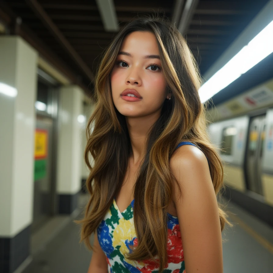 (A cinematic shot of <lora:Sunjos_asmr:1> a young woman with a light to medium skin tone. A stunning female model, long, wavy hair with a warm blonde ombre effect, makeup and mascara. She is wearing a colorful dress, standing in subway station looking at the viewer)