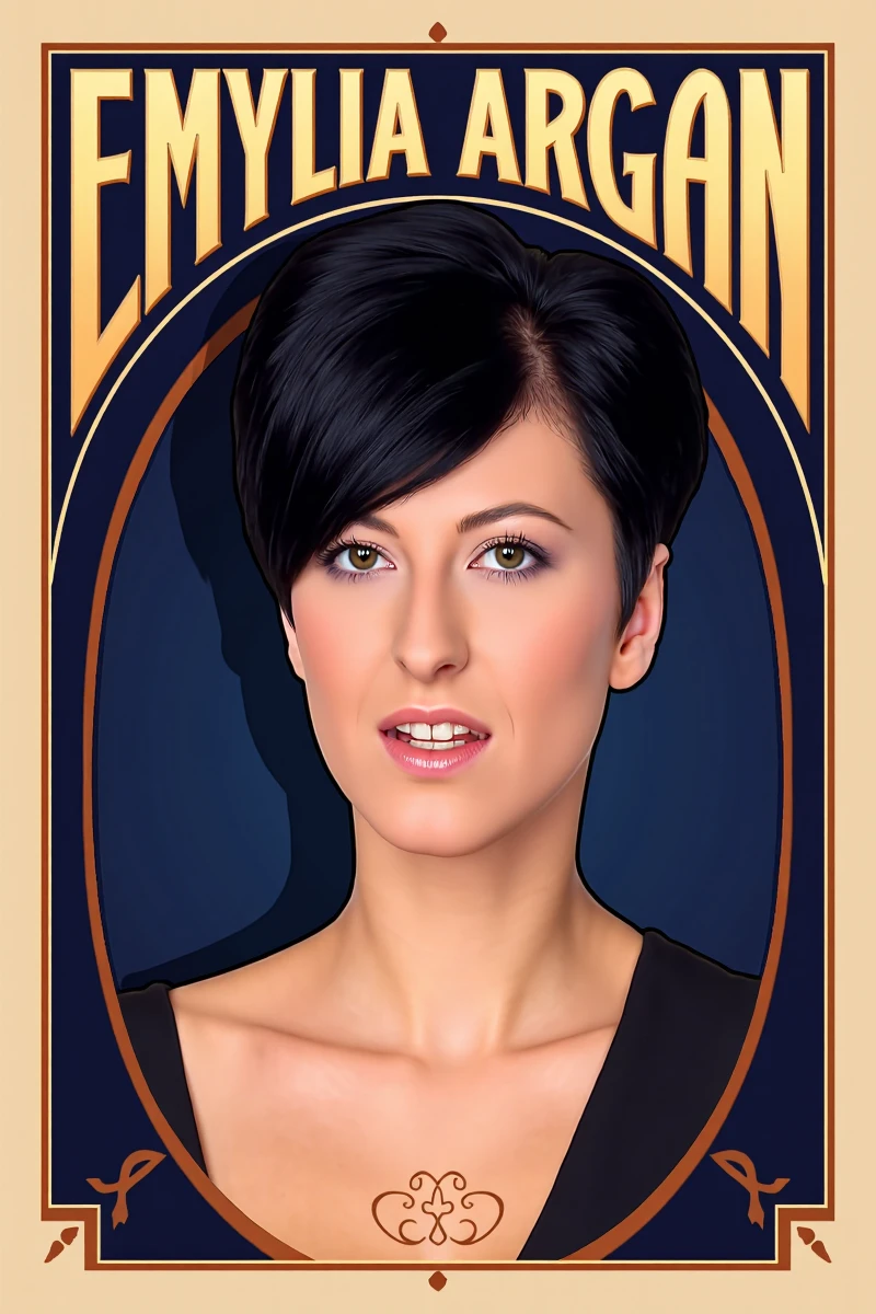 "vintage-style movie poster with 'Emylia Argan' in large, art deco lettering at the top. in the middle a photorealistic portrait photo of a woman with short black hair,
emyliaargan,