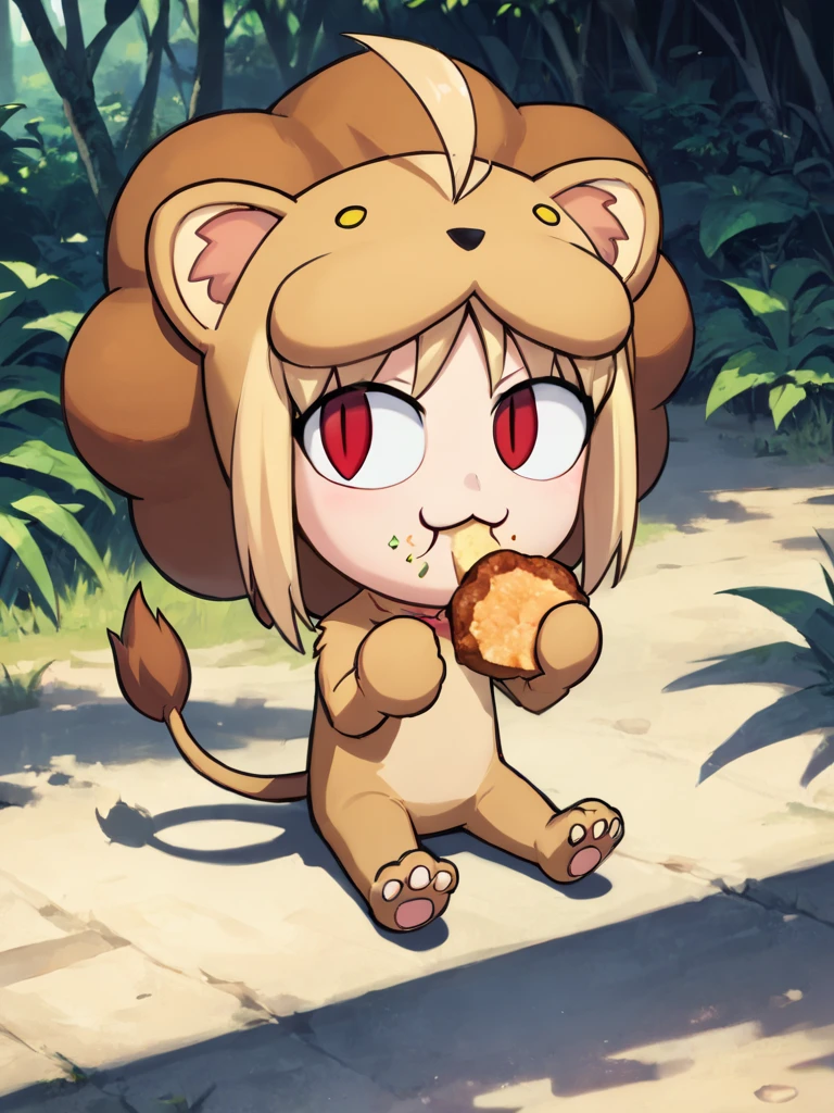 score_9, score_8_up, source_anime, masterpiece,
necoarc,  red eyes, slit pupils, cat ear, :3, lion costume, chibi, blonde hair, kawaii, eating, sitting, happy,
road, jungle, <lora:saber lion test0.1:0.6> <lora:necoarc-guy-PONYv1_1:0.9>