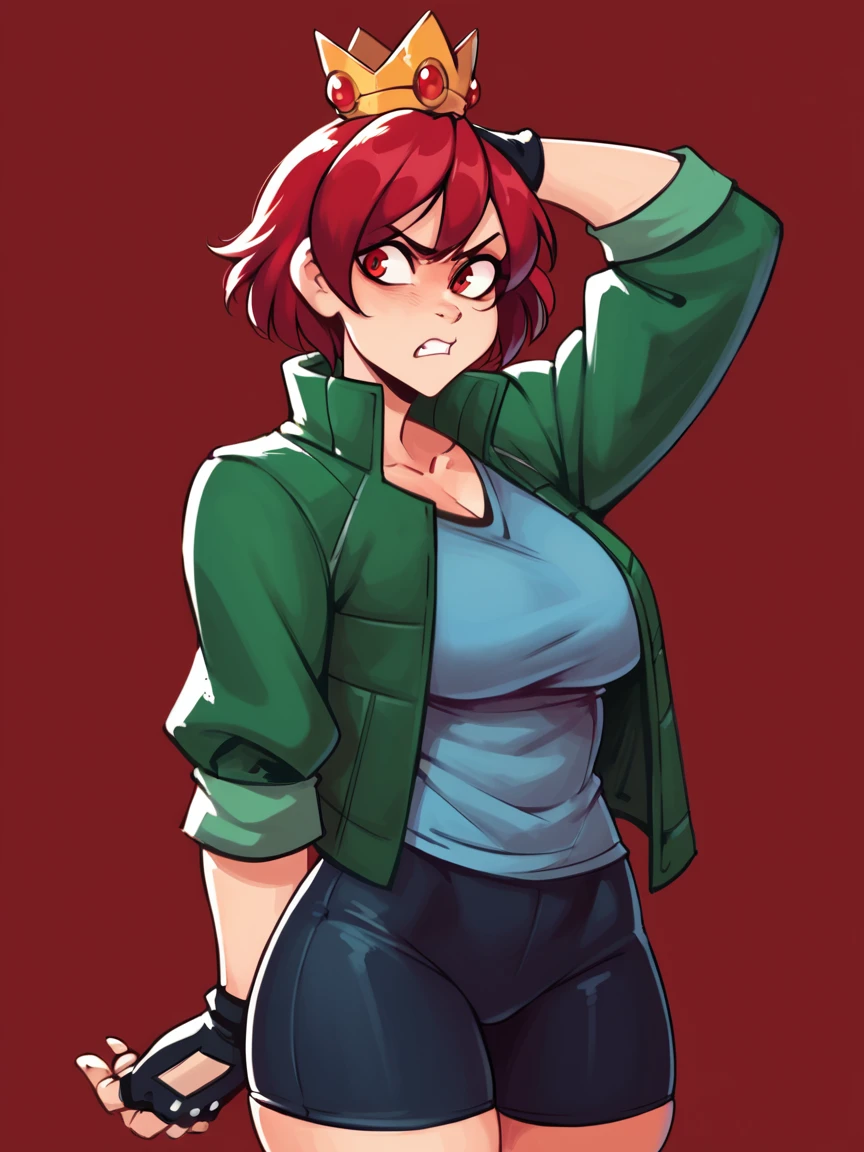 score_9, score_8_up, score_7_up, score_6_up, score_5_up, raichiyo33, 1girl, curvy, red background, solo, 1girl, Enti, red eyes, Short Hair, Red Hair, jacket, green jacket, shirt, blue shirt, bike shorts, upper body, crown, mature female, angry, arm up, gloves, fingerless gloves,    <lora:Enti-05:1>,   <lora:raichiyo33XLP:1> raichiyo33