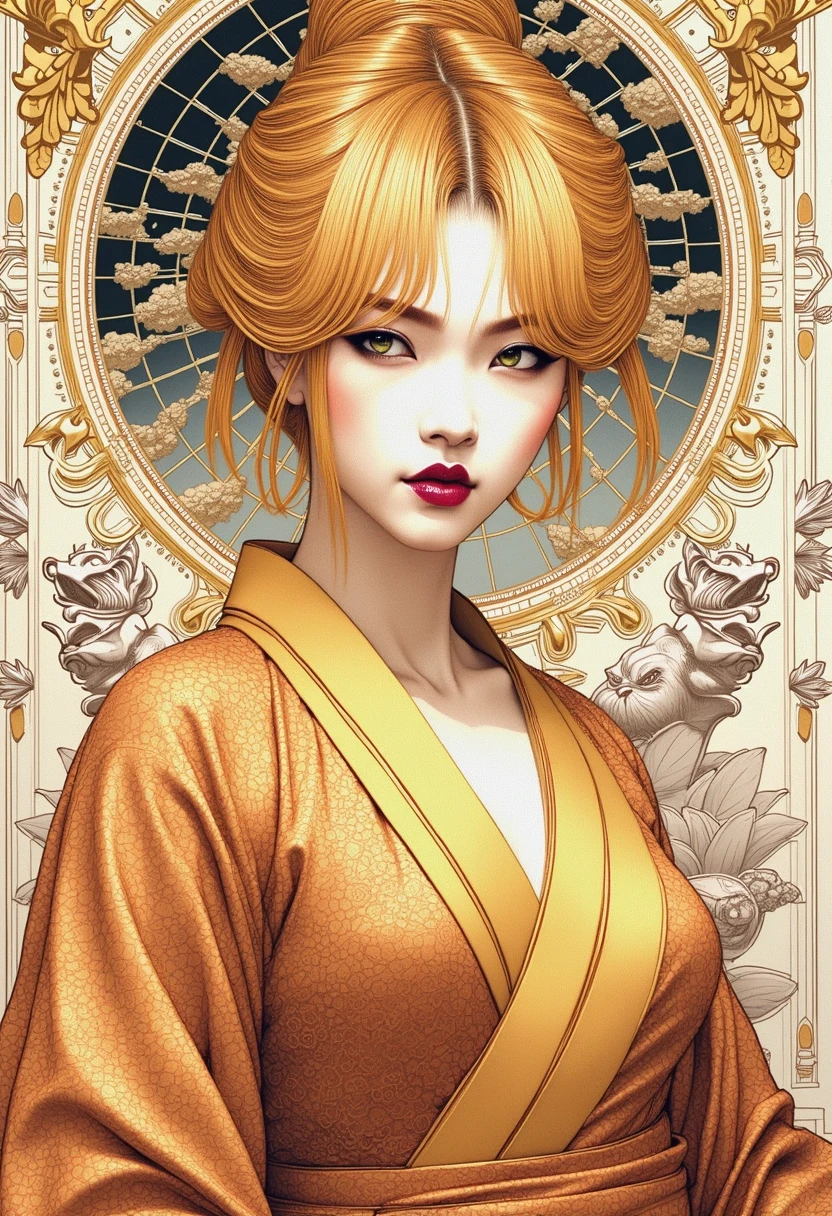 The image is a digital drawing in a highly detailed, traditional Japanese style, specifically a mix of ukiyo-e and modern digital art of Astonishing, Exquisite toga with richly embroidered borders and graceful folds, Chanteuse, Tall, Firm, Heart-Shaped Face, Fair Skin, Strawberry Blonde Hair, Green Eyes, Wide Nose, Thick Lips, Receding Chin, Shoulder-Length Hair, Wavy Hair, Bangs with Highlights, soft breasts, Hoop earrings, burgundy velvet lipstick, Sculpted façade featuring mythical beasts and heroic figures