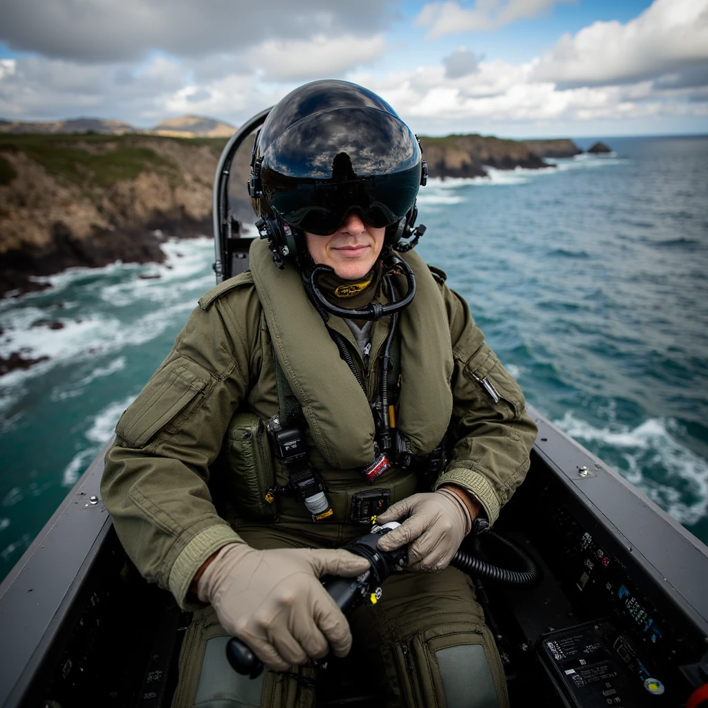 Imagine an image in dramatic photorealism: An RAF pilot, wearing an RAF flight suit, braces as the aircraft tilts in a high-speed maneuver above a rugged coastline. Their gloved hand grips the throttle tightly, and the reflection of the turbulent sea below is visible in their visor, capturing the thrilling intensity of the mission in the crisp detail of the cockpit’s illuminated controls.