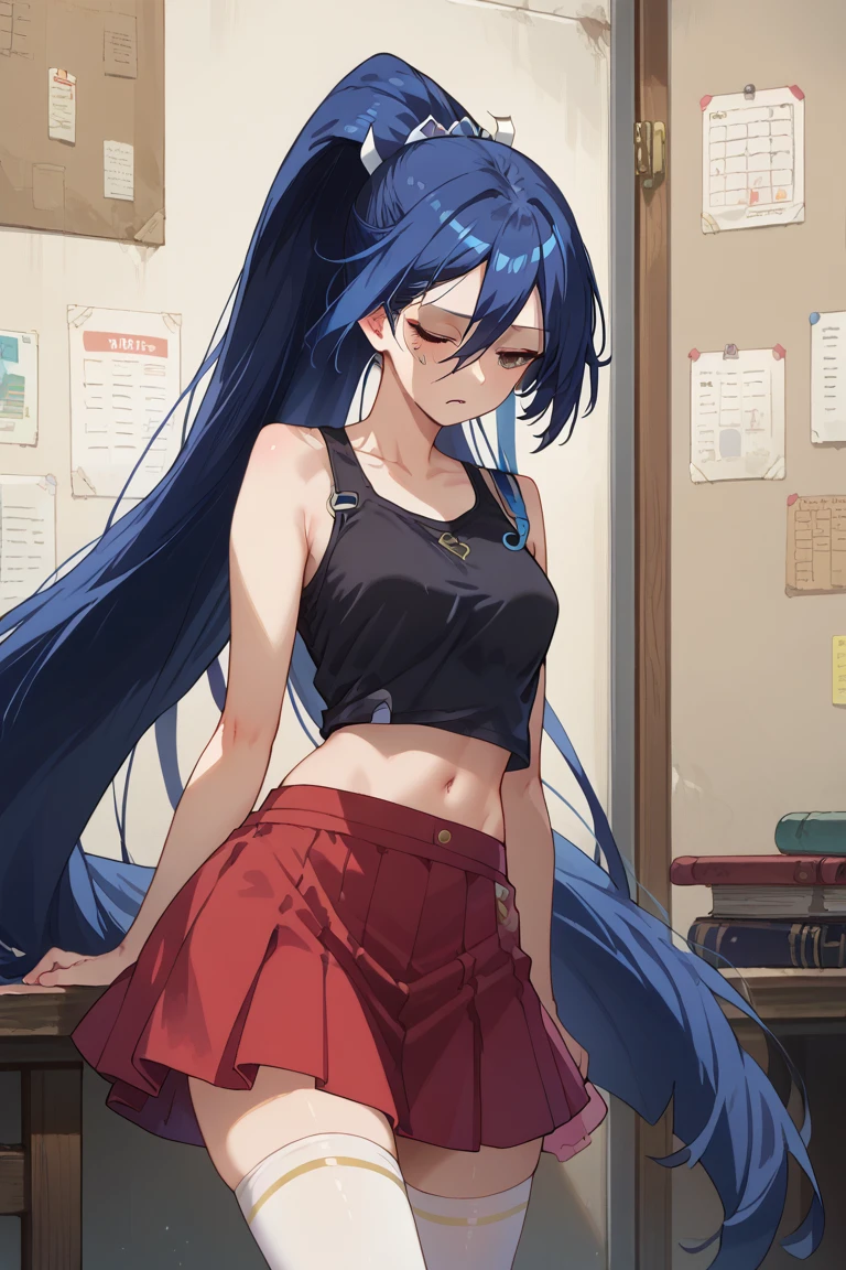 score_9,score_8_up,score_7_up,source_anime,BREAK
1girl, solo,
Kanae, very long hair, ponytail, blue hair, long hair,
navel, white thighhighs, midriff, black tank top, red skirt, class room,
Expressiveh