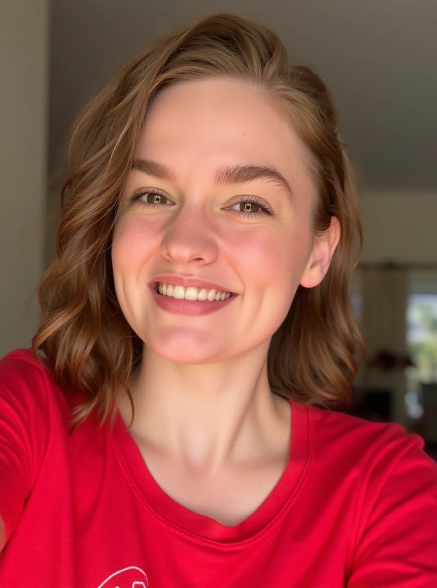 Portrait photo of m4rym00dy woman, detailed face, slight smile, blurred background, red tshirt