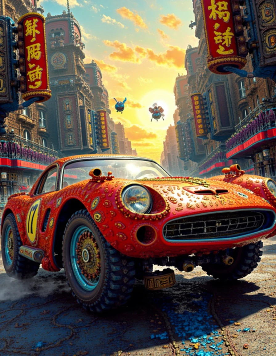 still life art by Bill Berkey and Ed Roth, A futuristic ilak style sports-car on a city street.  Inspired by ilak.  Lighting as if the sun had set outside. Scottish colourist, still life, sharp focus, intricate and detailed illustrations, fantasy and retro-futurist themes and style.  