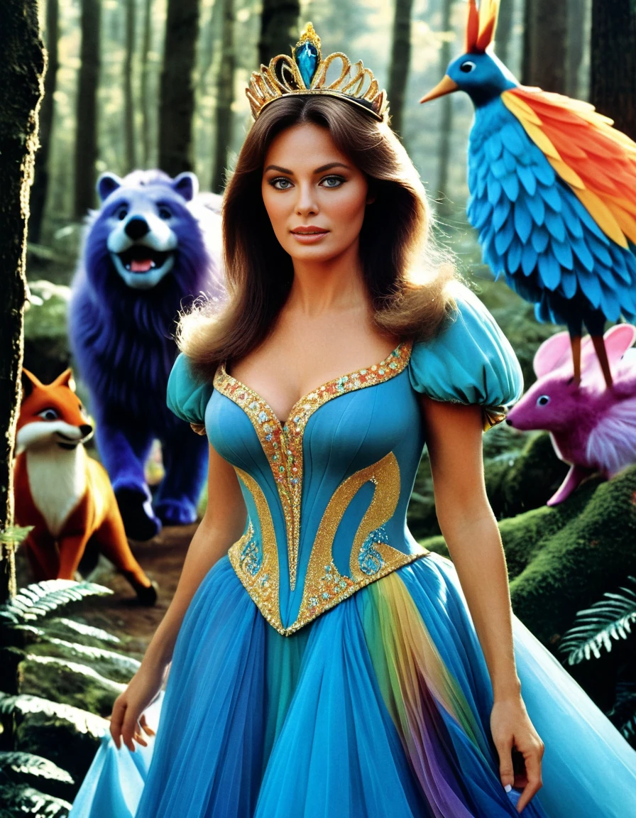 Fairy tale, Photorealism <lora:jacquelinebissetSDXLbase-000008:1>,  upper body photo of jacquelinebissetSDXL, wearing elegant colorful aethereal fantasy princess dress, walking in a forest with sweet cartoon creatures, (looking at the viewer:1.3), masterpiece, award winning, Photorealism, often for highly detailed representation, photographic accuracy, or visual illusion., Magical, fantastical, enchanting, storybook style, highly detailed