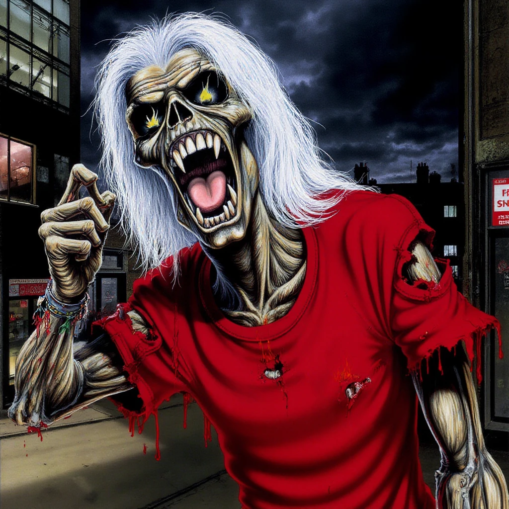 A zombie skeleton in the streets, wearing a ripped red t-shirt. He has a white long hair and black eyes with flames inside. Painting in the style of ir0nm41d3n artstyle.