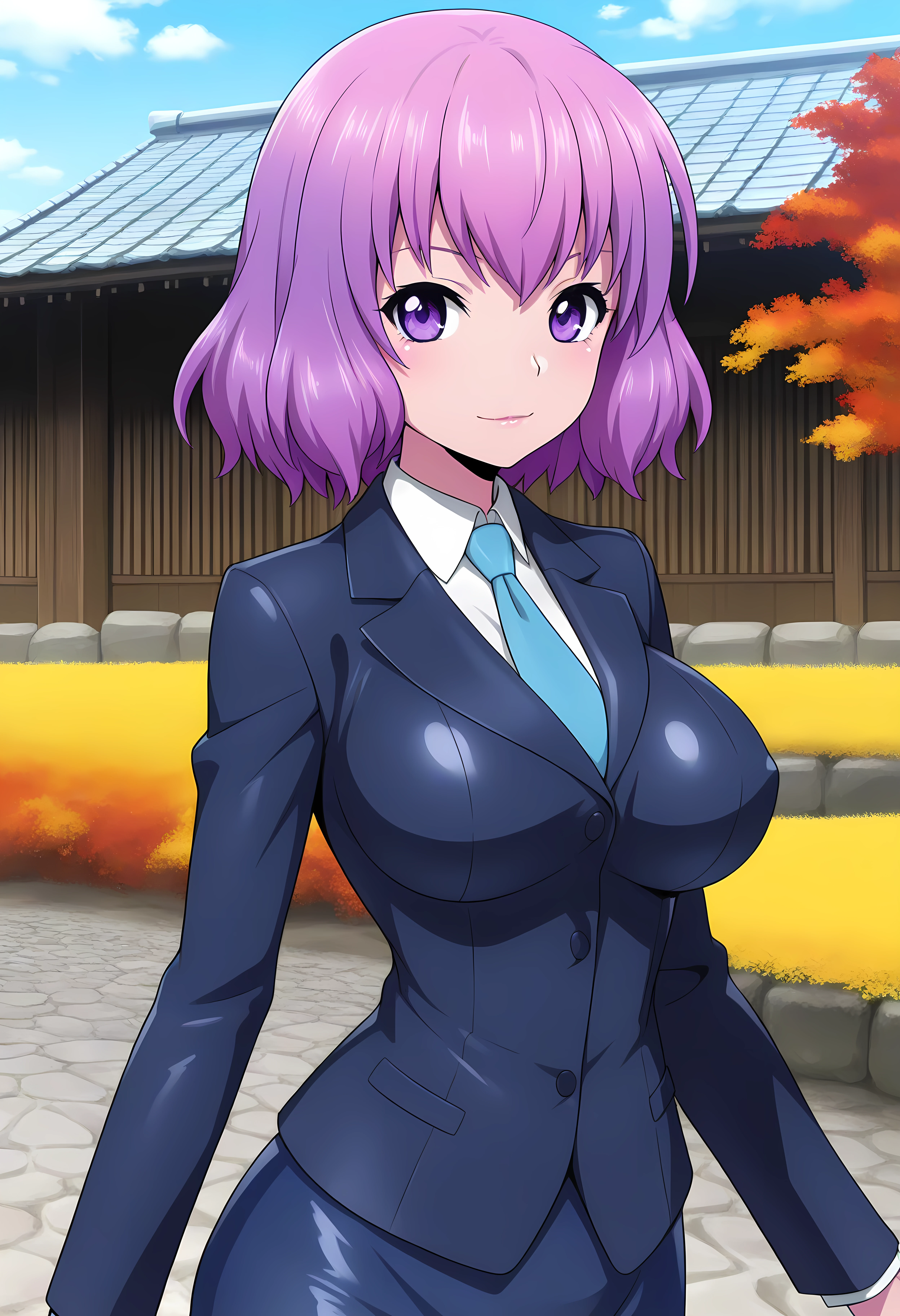 looking at viewer, shiny skin, upper body, light smile, petite,ohwx, short_hair, purple_hair, purple_eyes, 1girl, breasts, large_breasts, medium_breasts, pink_hair,necktie, skirt, suit, formal, jacket, pencil_skirt, blue_skirt, Japanese countryside with thatched-roof houses, rice fields, autumn colors, warm and rustic scene,<lora:hanabi_kawai_illustrious_sobsynapse-000003:1>