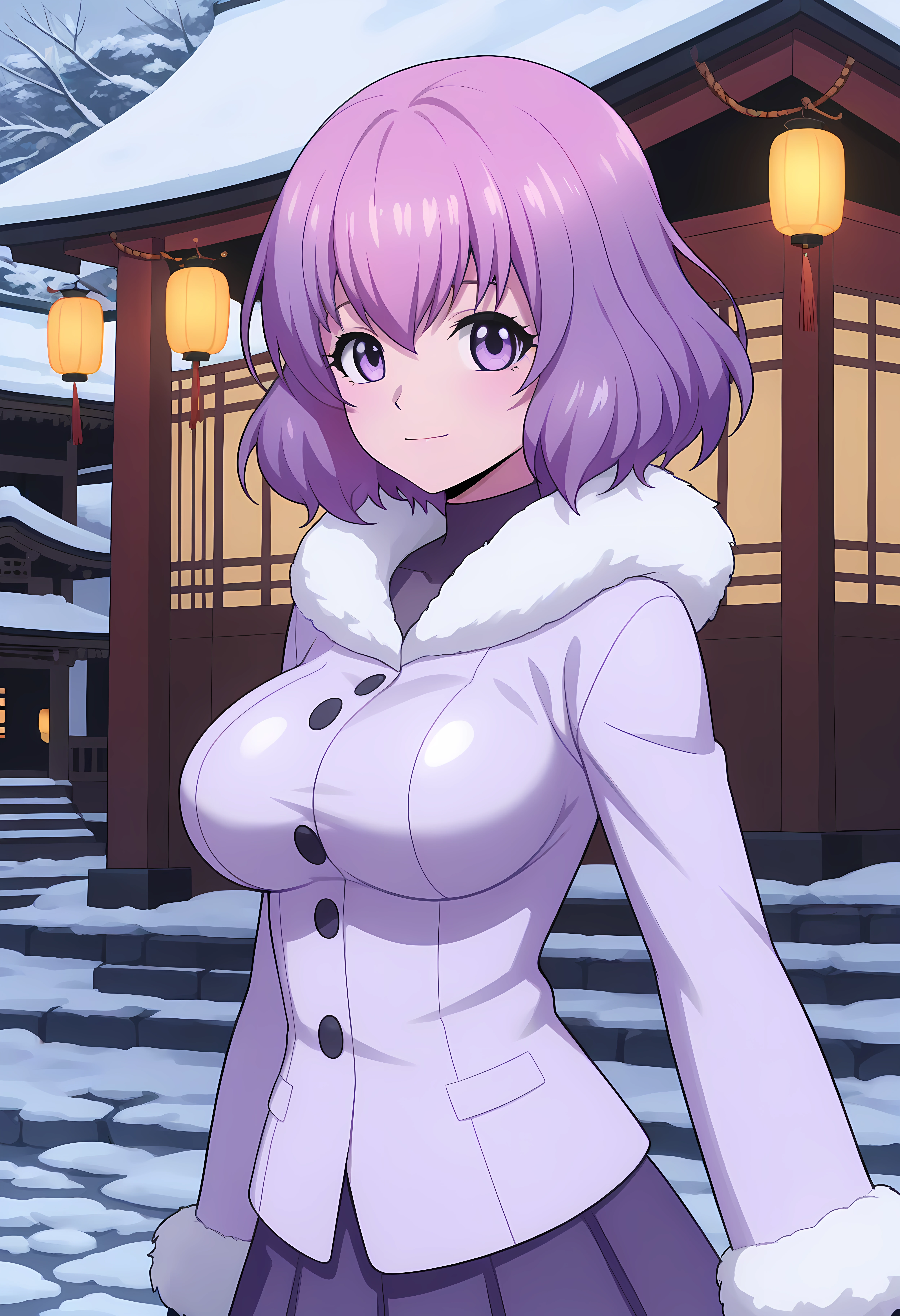 looking at viewer, shiny skin, upper body, light smile, petite,ohwx, short_hair, purple_hair, purple_eyes, 1girl, breasts, large_breasts, medium_breasts, pink_hair,skirt, Snow-covered Japanese shrine in winter, traditional architecture, soft glow from lanterns, silent atmosphere,<lora:hanabi_kawai_illustrious_sobsynapse-000003:1>