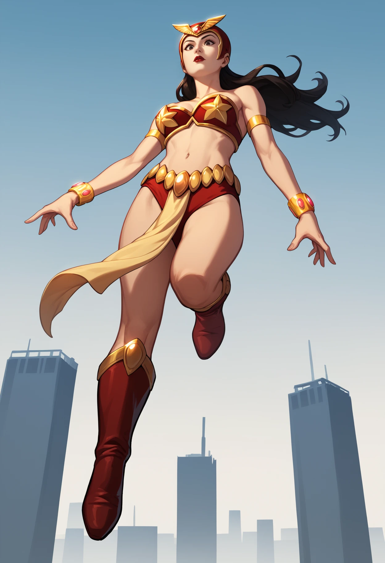 score_9, score_8_up, score_7_up, BREAK
1girl, darna, black hair, long hair, brown hair, lipstick,
helmet, bare shoulders, bikini armor, boots, bracelet, cleavage, loincloth, midriff, navel, pelvic curtain, 
blue sky, flying, city below,  <lora:DarnaPDXL_byKonan:1>