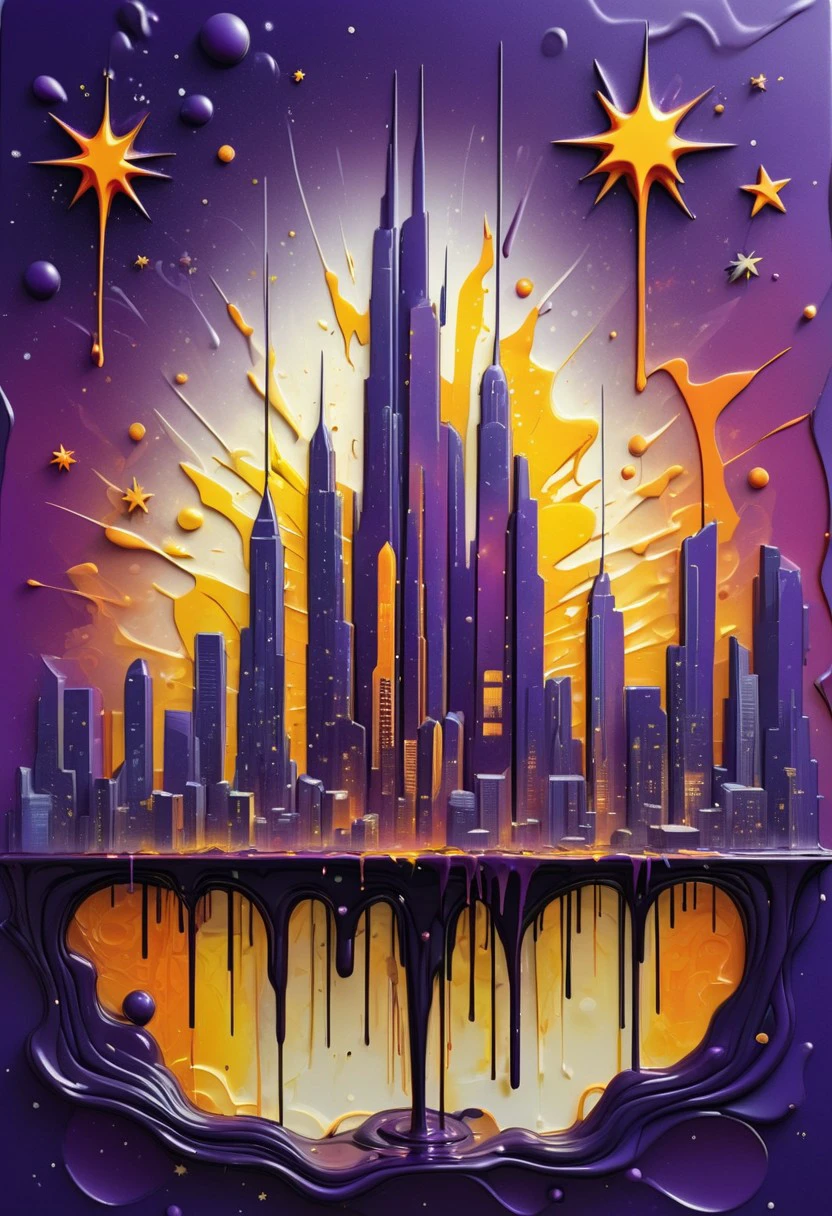 Hallucinogenic Portrait of a Cosmic Cityscape, Abstract Satin Style, Vibrant Gradients of Deep Purple, Bright Yellow, and Fiery Orange, Skyscrapers Melting into Colorful Drips, Surrounded by Floating Geometric Shapes and Stars, Glossy Finish, Evoking a Futuristic and Mind-Bending Urban Environment