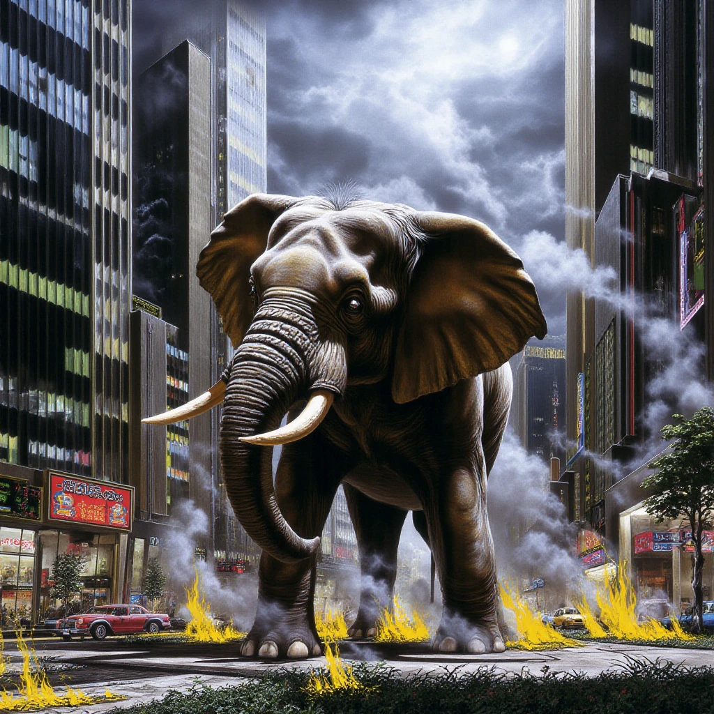 An elephant in a modern city, painting in the style of ir0nm41d3n artstyle, the scene has a fire trail and smoke