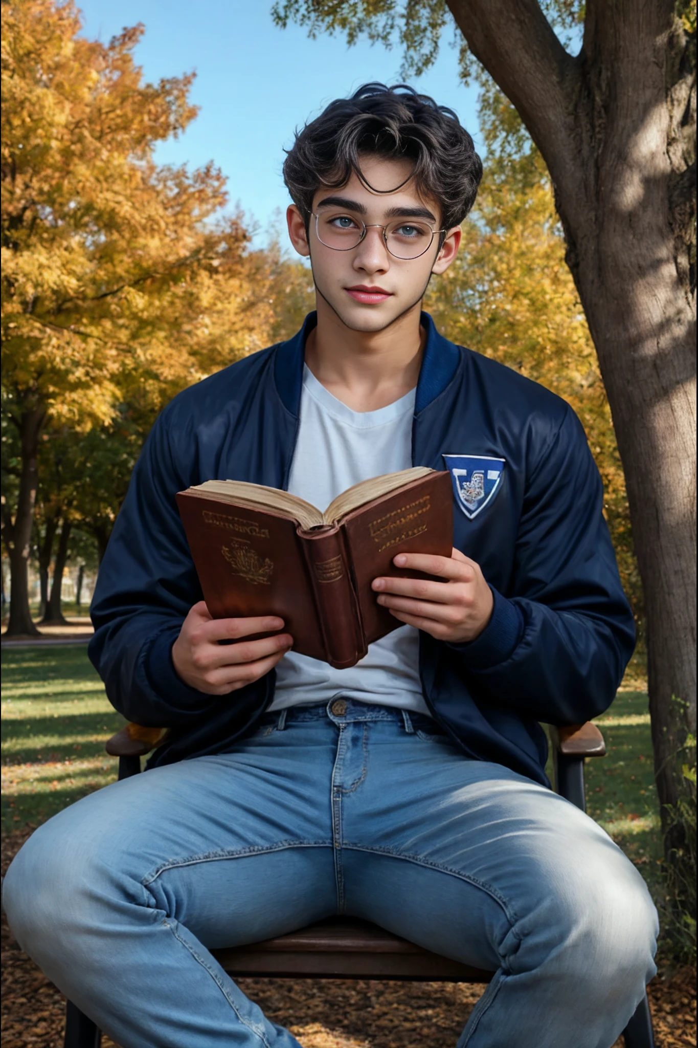 <lora:Nathaniel_Cohen_V1_GV:1> black hair, grey eyes, handsome, young, twink, Cute young Jewish man. black hair, bright grey eyes. glasses on face, Adorable, nerdy, cute, 21 years old. Masterpiece, photo-realistic, Crystal clear, highly detailed, college man, professor, wearing a varsity jacket and blue jeans, sitting under a tree on a college campus, reading a book and studying.