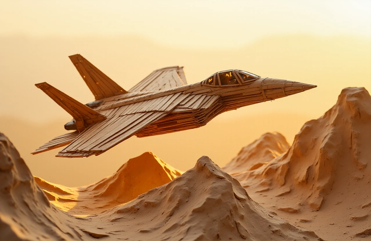 <lora:Popsicle_Stick_Structures:1> a large popsicle stick sculpture artwork of a model stealth fighter flying over a mountain range, beautiful golden hours light in the background,, beautiful popsicle stick artworkâââ