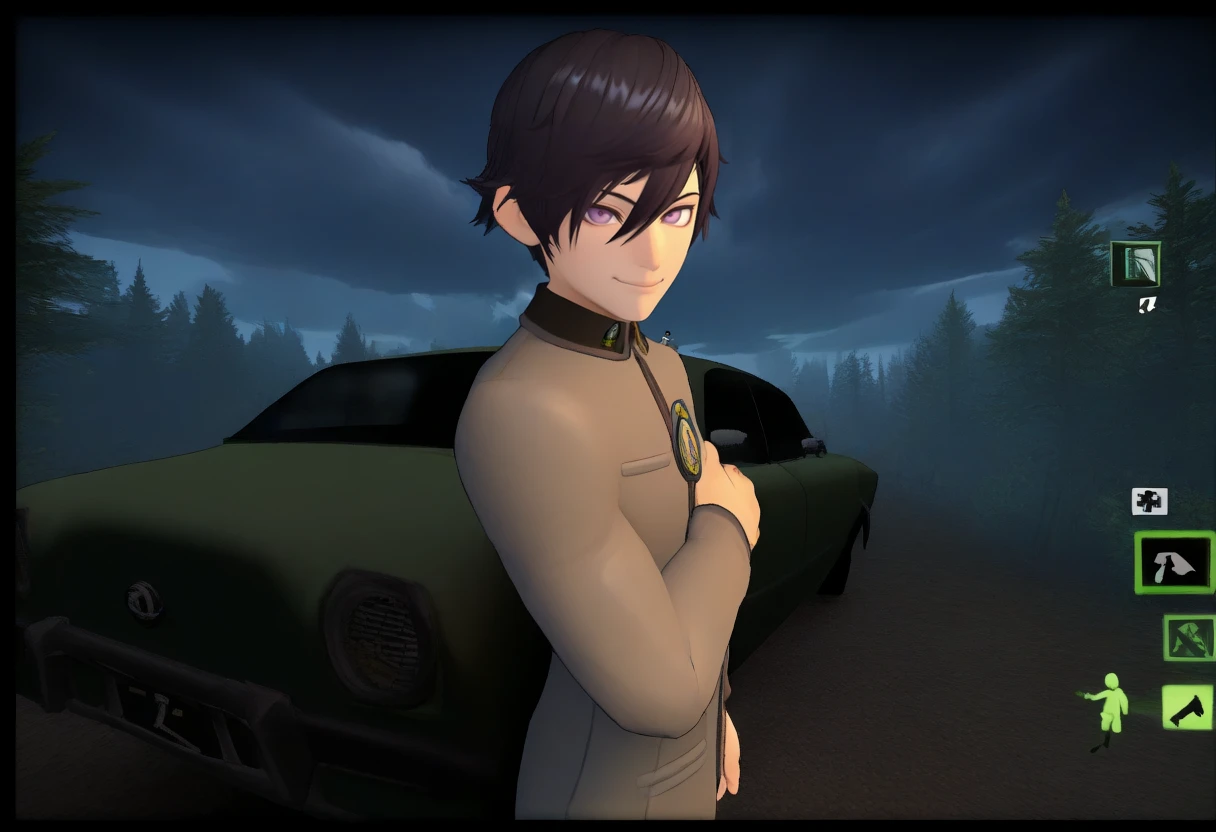 masterpiece, best quality, solo, 1boy, smile, looking at viewer, <lora:left4dead2-Style-illus_Fp:1>, 3d, cloudy sky, gameplay mechanics, night, car, forest,  <lora:Naoya-illus_Fp:1>, naoyap1, black hair, purple eyes, school uniform, emblem, grey pants, user interface,