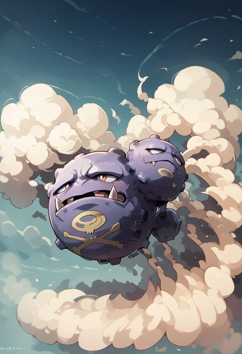 zPDXL3, score_9, score_8_up, score_7_up, Expressiveh, volumetric lighting, dynamic pose, dynamic angle, detailed background,
,,,
zzWeezing, no humans, pokemon (creature), fangs, smoke,
,,,
vivid colors, ,
,,,
night