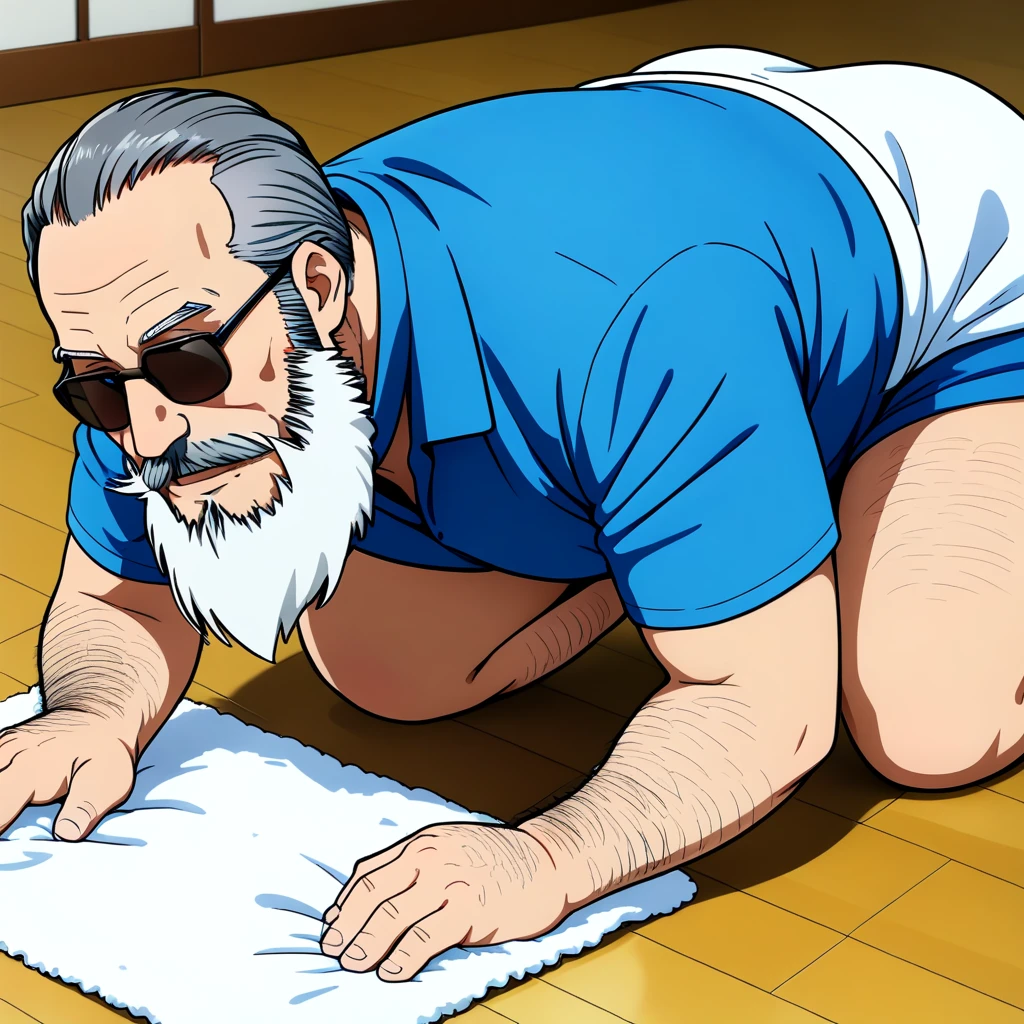 <lora:cleanup_SDXL:0.7>, on the floor with a towel, (mature  beard man:1.3), (white_zoukin:1.2), (zoukin:1.2), (anime coloring:1.3), (blue_shirt), sunglasses