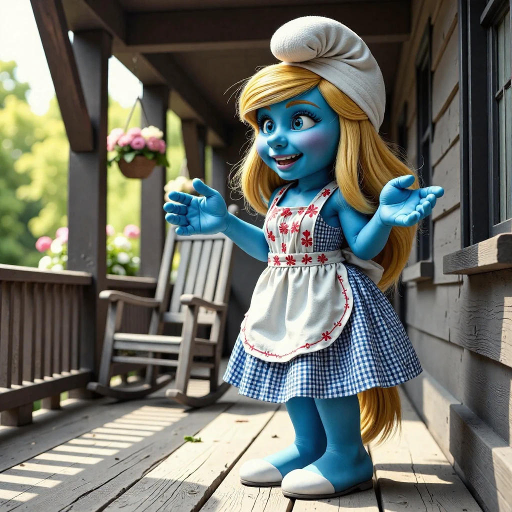 A photorealistic smurfette wearing a gingham dress and floral apron, standing upright on a rustic wooden porch, gesturing with hooves while chatting. Warm afternoon sunlight, weathered rocking chair nearby, hanging flower baskets, detailed wool texture, nostalgic Americana atmosphere.