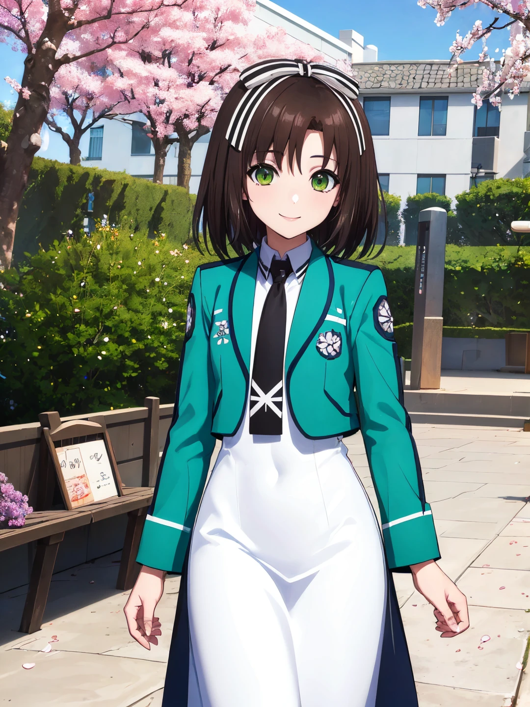 <lora:Saegusa_Izumi_0R:0.7>
saegusaizumi, brown hair, medium hair, green eyes, white hair ribbon
first high school uniform, green jacket, white dress, (long skirt:1.2), black necktie, long sleeves
masterpiece, best quality, ultra-detailed, detailed, detailed skin, absurdres, 8k, digital art
1girl, solo, facing viewer, standing, looking at viewer, smile, standing, cowboy shot
(outdoors, futuristic, science fiction, park, city, building, tree, bush, flower bed, street, stone floor, cherry blossoms)