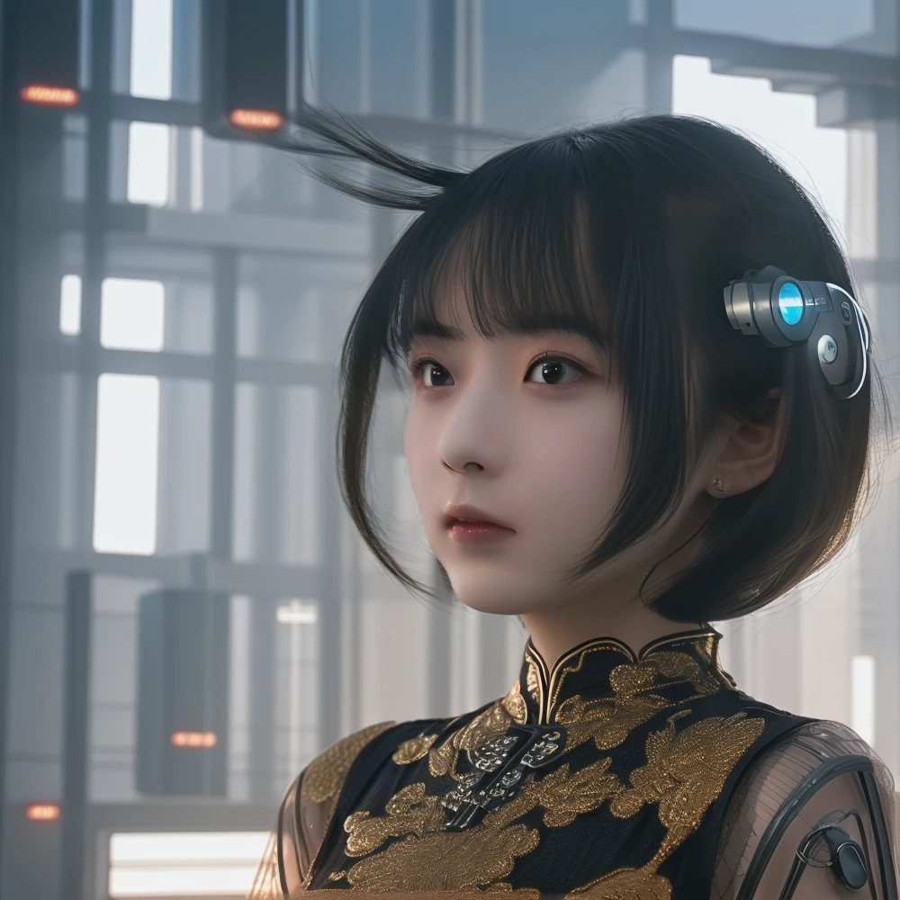 best quality, ultra high res, (photorealistic:1.4),a beautiful girl, [:(detailed face:1.2):0.2], teen, kawaii,cosplay, black twintails ,flat chest, ,space station, stars, transparent clothing, half body  , rocket backpack, cheongsam, cyberpunk, futuristic, mechanical <lora:æºç²-æªæ¥ç§ææºç²é¢ç½©_FULX:0.5>, helmet, future, mask , <lora:èµåå½é£-æè¢_v1.0:0.4>, <lora:Rorurari_v1.0:0.9>