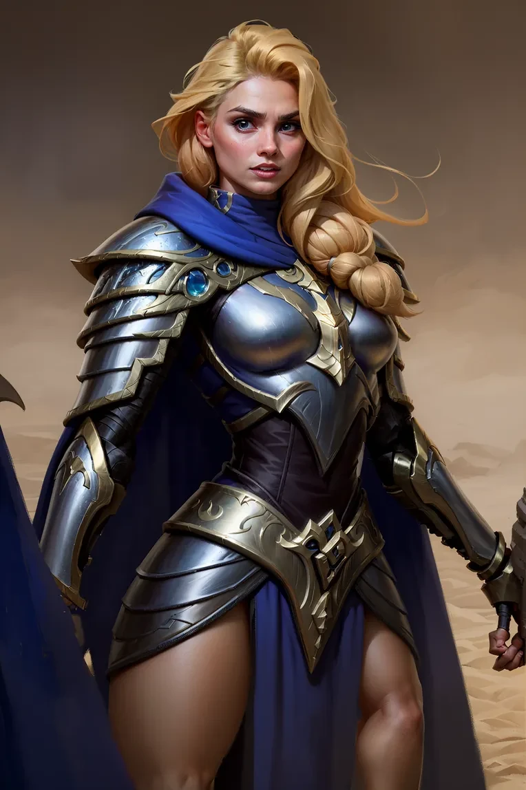 omei,HFhys,1girl,armor,blonde hair,solo,long hair,breastplate,blue cape,cape,shoulder armor,pauldrons,closed mouth,lips,cowboy shot,standing,looking at viewer,