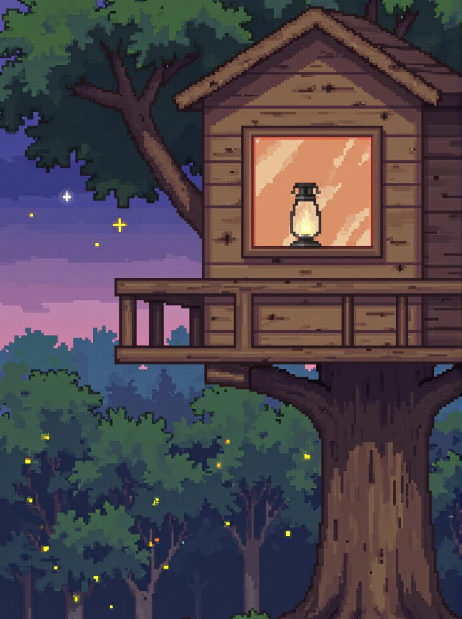 A pixel art style illustration of a cozy treehouse interior at twilight, looking out over a forest canopy. Warm lantern light illuminates the simple wooden space, while the forest below is dotted with fireflies. The evening star appears in the dusky sky through the window. The pixel art should convey the sense of peaceful solitude and connection with nature.