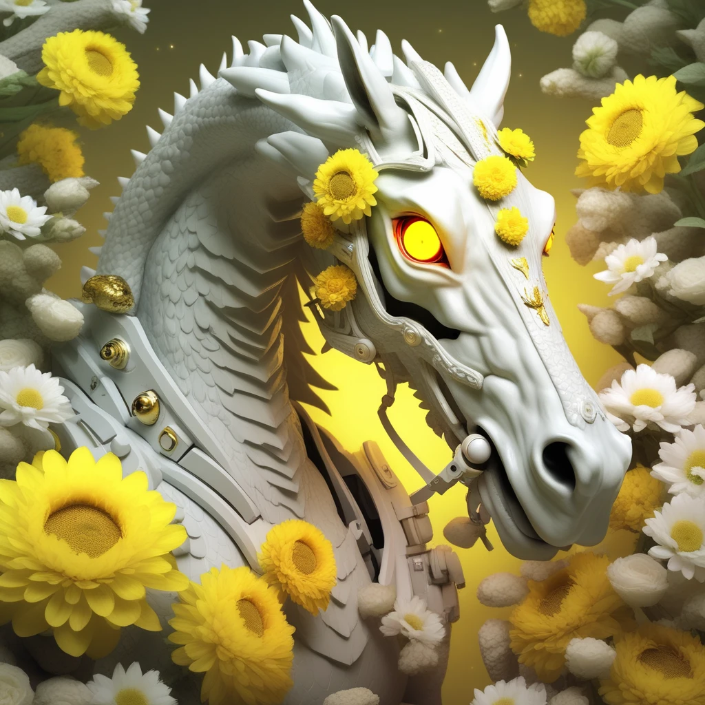 glowing eyes, horse, flower, dragon, animal focus, chinese zodiac, yellow eyes, teeth, astronaut