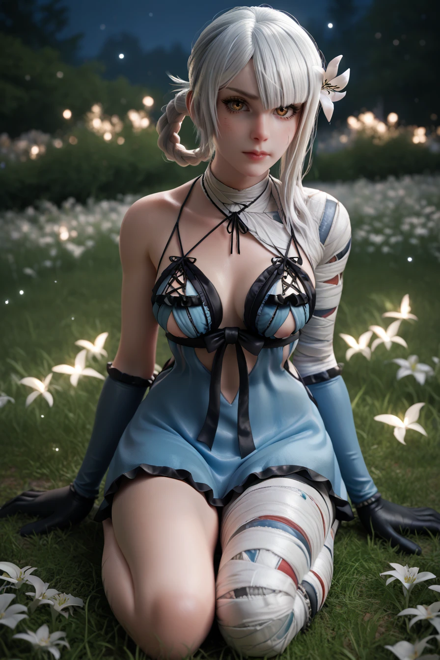(Best quality, high resolution, masterpiece: 1.3), a tall perfect woman with a slender figure, (short sky blue hair, bunny girl in white clothes), dressed sexy and exposed, in the grass, details of face and skin texture beautifully presented, detailed eyes, double eyelids, sexy pose, realistic, leaky half breast ball, full body shot --auto --s2
