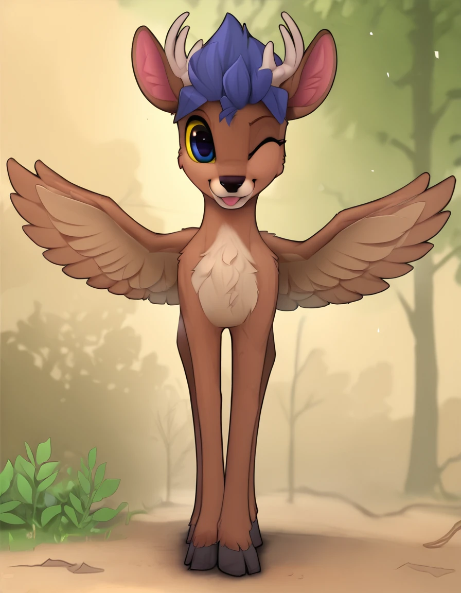 outdoors,detailed background,park,
Amy,1girl,solo,blue hair,deer ears,antlers,tail,furry female,snout,brown fur,blue eyes,animal nose,two-tone fur,yellow sclera,short hair,colored sclera,feathered wings,extended wings,
full body,seductive smile,long eyelashes,parted lips,
one eye closed,tongue out,standing,looking at viewer,
<lora:Amy_v01_PDXL:1>,