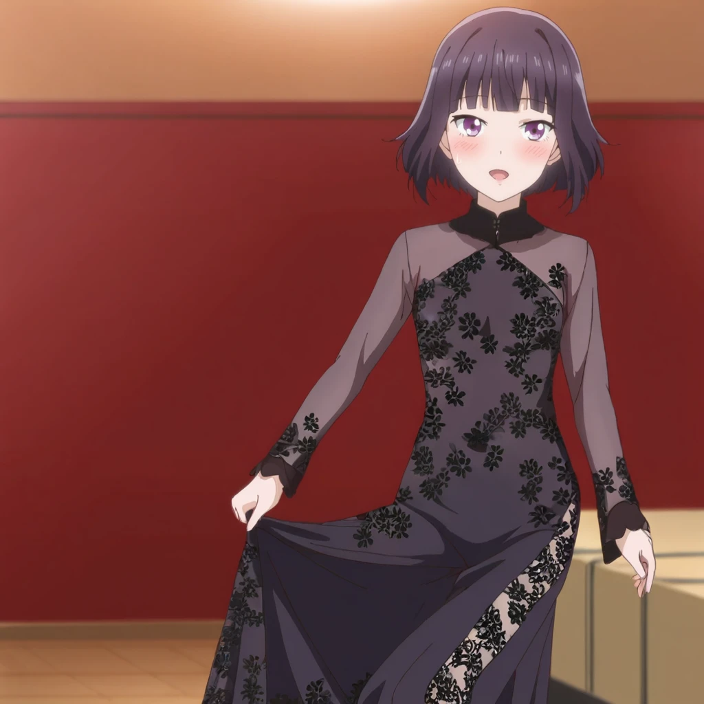 <lora:majo_pony_v1:0.8>Majo, 1girl, purple eyes, short hair, black hair, blunt bangs, cowboy shot,  <lora:1013 Home wear 30_v1_pony:1> ruanyi1013,black dress,floral print,long dress,long sleeves,see-through dress,skin tight,lace