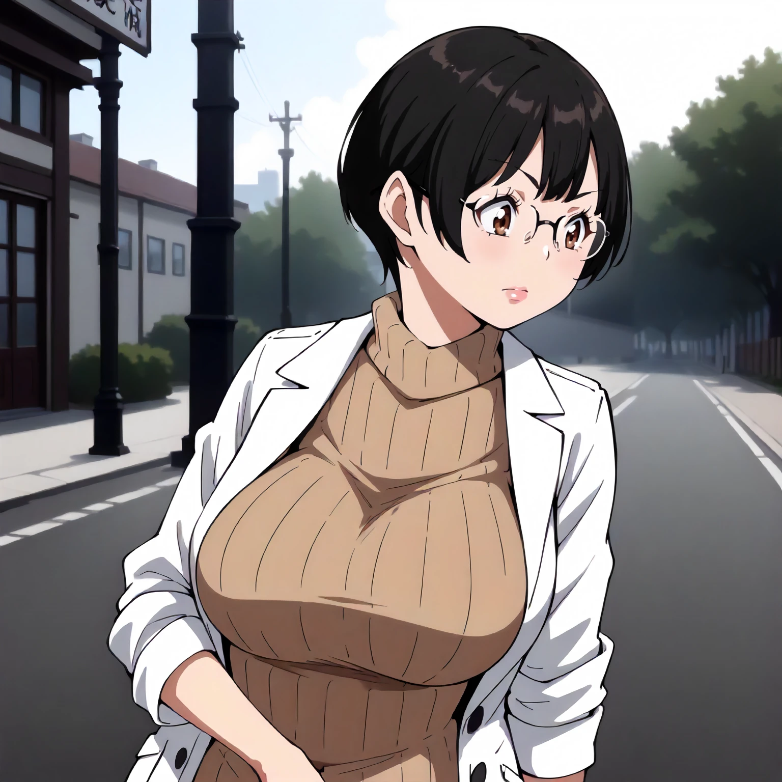 <lora:BnHgDR_SayaSakariXLpony001>,
outdoors,
solo,
SayaSakari,1girl,black hair,short hair,brown eyes,eyewear,
large breasts,
turtle neck sweater,white coat,sleeves rolled up,