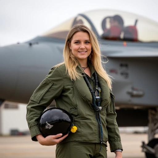 a young blonde woman wearing an RAF flight suit standing next to a modern fighter jet