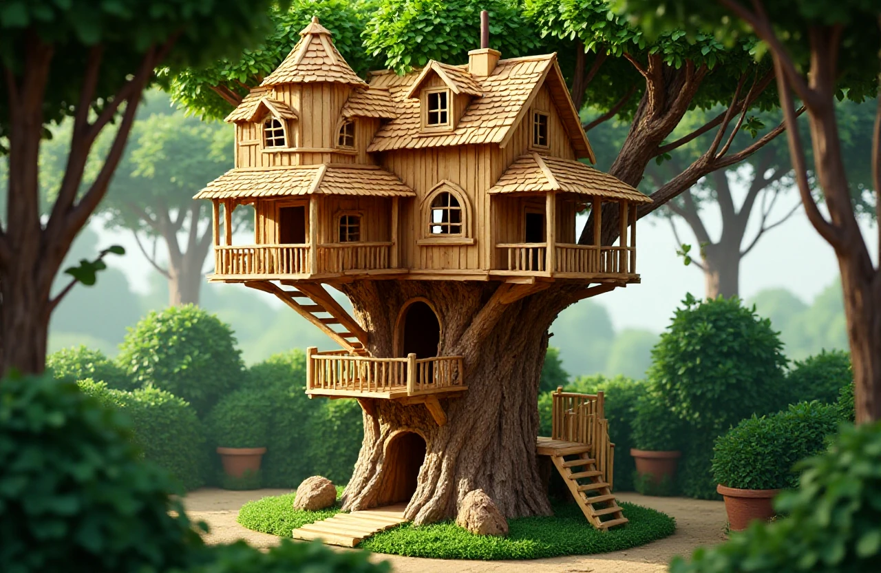 <lora:Popsicle_Stick_Structures:1> a large popsicle stick tree house sculpture, high in the jungle canopy, whimsical, fun, cartoon, cel-shaded, fantasy tree house made from popsicle sticks, Cartoon illustration style, whimsical and expressive characters, exaggerated features and emotions, versatile and adaptable for various storytelling purposesâââ