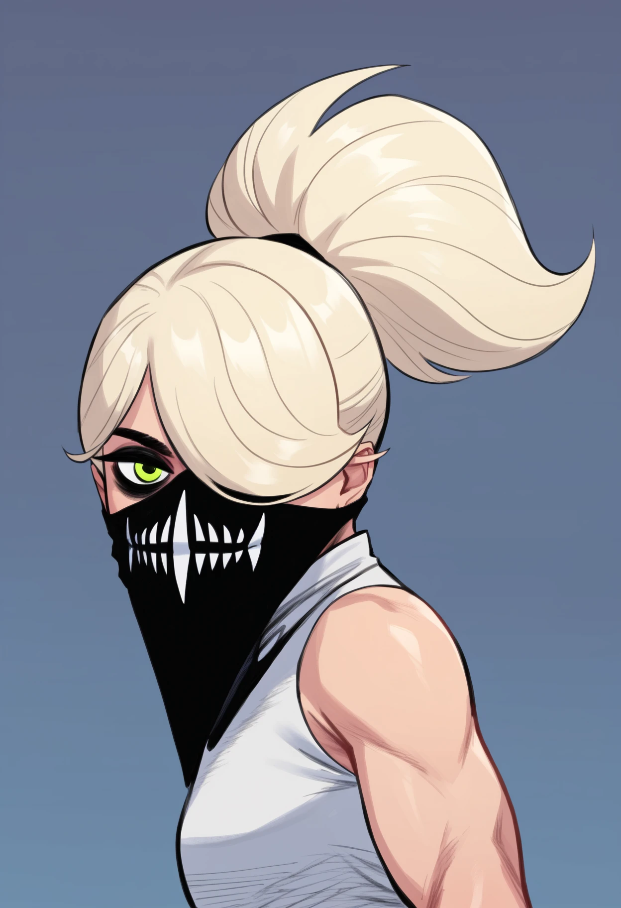 score_9, score_8_up, score_7_up, BREAK
1girl, ericaslaught, blonde hair, green eyes, hair over one eye, mask, ponytail,
bare shoulders, sleeveless white shirt,
upper body, smile, looking at viewer, solo, simple background, white background   <lora:EricaSlaughterPDXL_byKonan:1>
