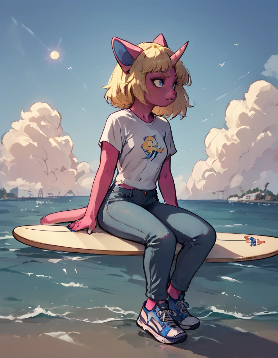 score_9, score_8_up, score_8, score_7
 <lora:Mitsy_Lune_Itsymitsy_for_PonyXL:0.8> 1girl, furry female, m1tsy, horn, tail, blonde hair, animal ears, colored skin, solo, blue eyes, shirt, jeans, sneakers
 <lora:surfboard_straddle_redux_refined:0.8> surfboard_straddle, surfboard
ocean, clouds, sun,