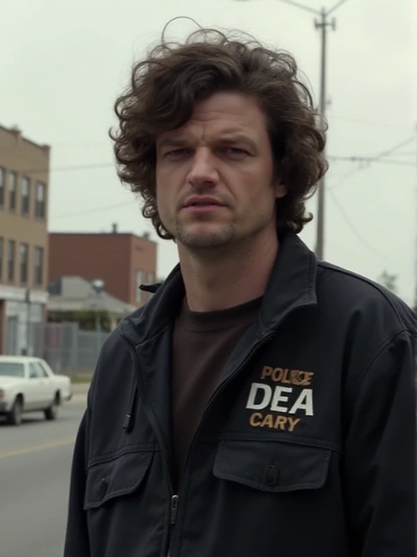 <lora:Badger:1>man with wild hair is a cop in the street. He wears a uniform and a badge saying "DEA"