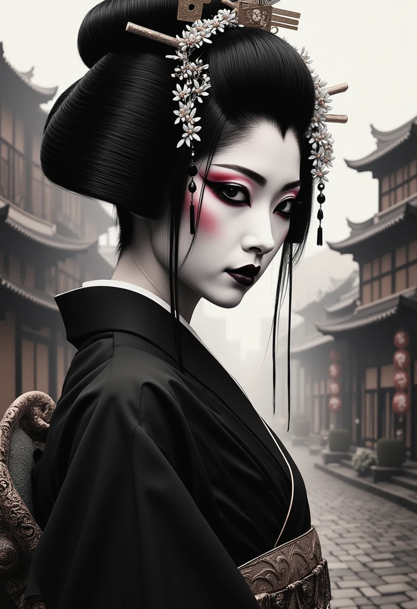 The image is a digital drawing portrait in a highly detailed, traditional Japanese style, specifically a mix of ukiyo-e and modern digital art of a geisha; black kimono, gothic makeup, blacked out eyes, cinematic gothic village in Shanghai in the background, ethereal