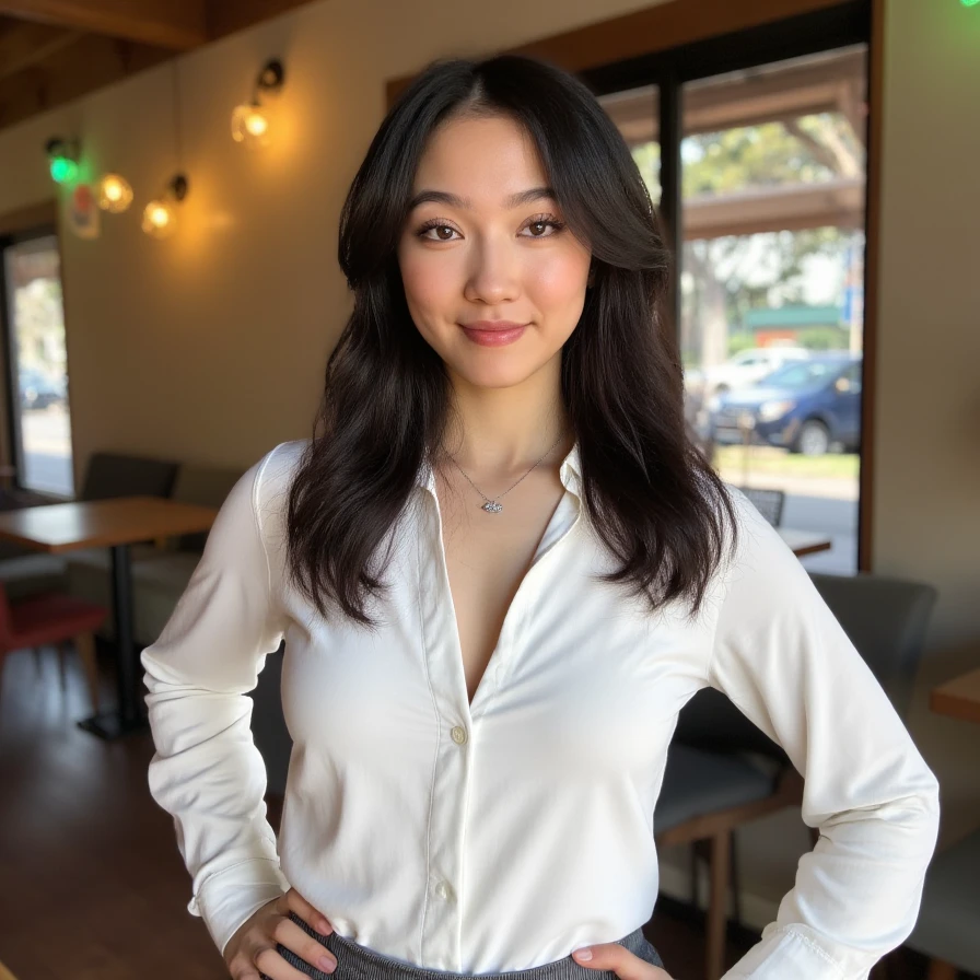 (A cinematic shot of <lora:Crystal_Cloud_ASMR:1> a young woman with a light to medium skin tone. a stunning female model, wavy hair, makeup and mascara. She is wearing a button-up white shirt and a skirt, standing in cafe looking at the viewer)