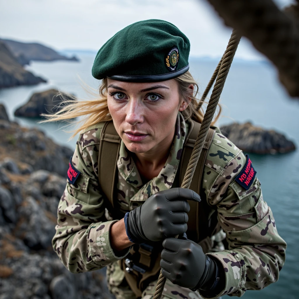 Imagine an image in high-resolution realism: A female Royal Marine Commando, wearing the camouflage uniform and dark green beret, clutches a rope as she descends from a military helicopter hovering over a rugged coastline. Her intense gaze is directed toward the rocky terrain below, and the wind from the rotors causes her uniform and patches to ripple, creating a powerful visual of a Commando in action, fully prepared for an amphibious landing.