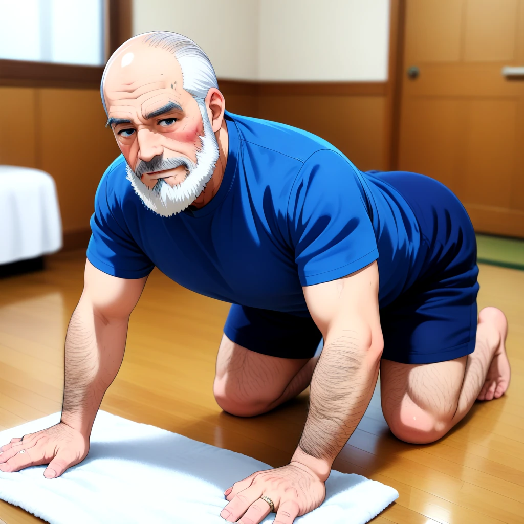 <lora:cleanup_SDXL:0.7>, a man with a beard and a blue shirt is doing push ups on a towel, solo, long_hair, looking_at_viewer, blush, short_hair, blue_eyes, shirt, 1boy, closed_mouth, full_body, white_hair, short_sleeves, grey_hair, male_focus, shorts, indoors, blurry, fingernails, grey_eyes, kneeling, muscular, blurry_background, facial_hair, scar, black_shorts, ring, thick_eyebrows, blue_shirt, pectorals, muscular_male, all_fours, towel, t-shirt, bara, beard, blue_shorts, wooden_floor, mature_male, realistic, mustache, on_floor, door, bald, old, chest_hair, old_man, leg_hair, arm_hair, hairy, carpet, cleaning, wrinkled_skin, zoukingake, zoukin