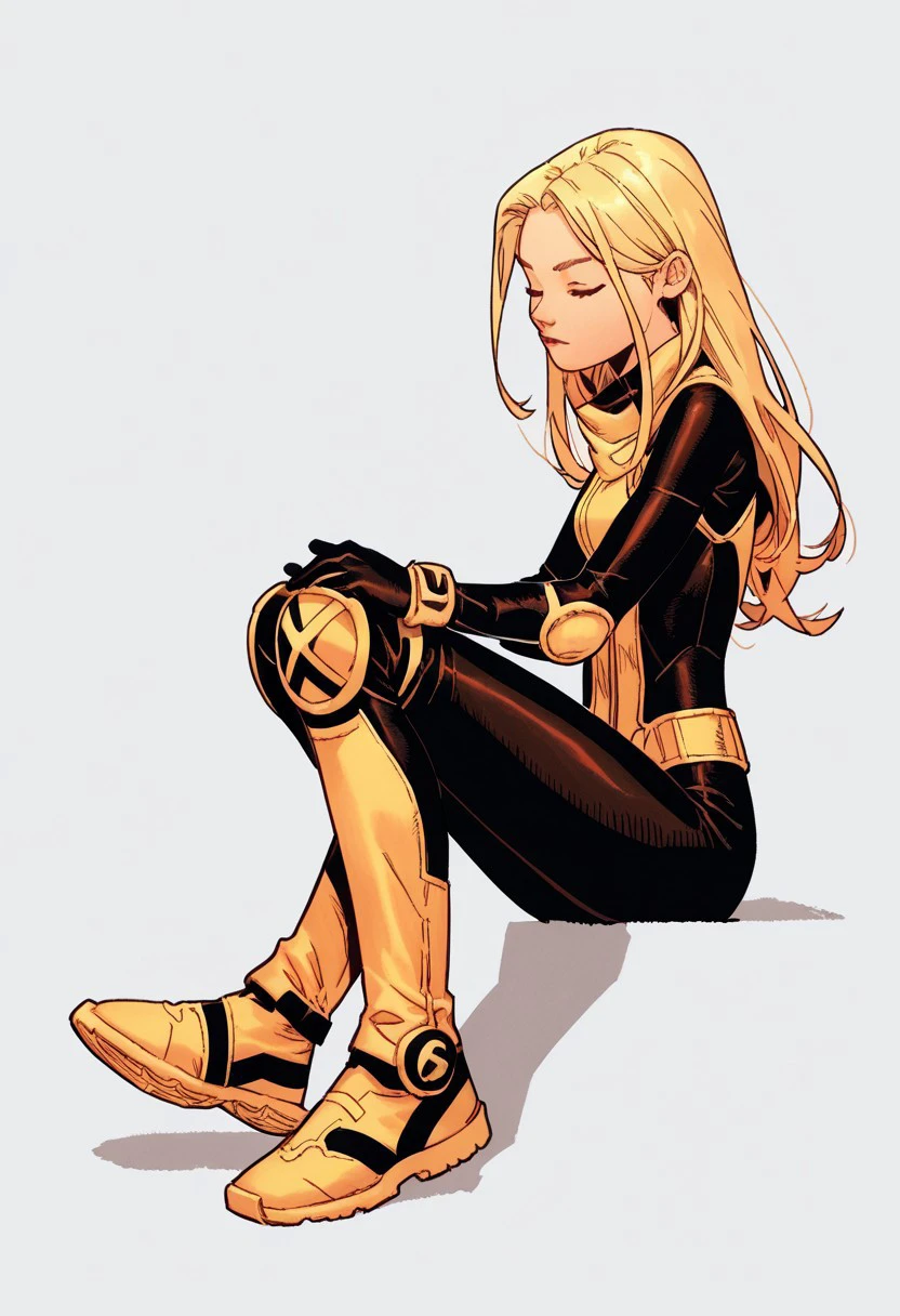 PonyXLV6_Scores BREAK b4ch3l0, solo, 1girl, blonde hair, long hair, sitting, bodysuit, white background, simple background, knee pads, closed eyes, full body, rating_safe, , comic art style, source_cartoon