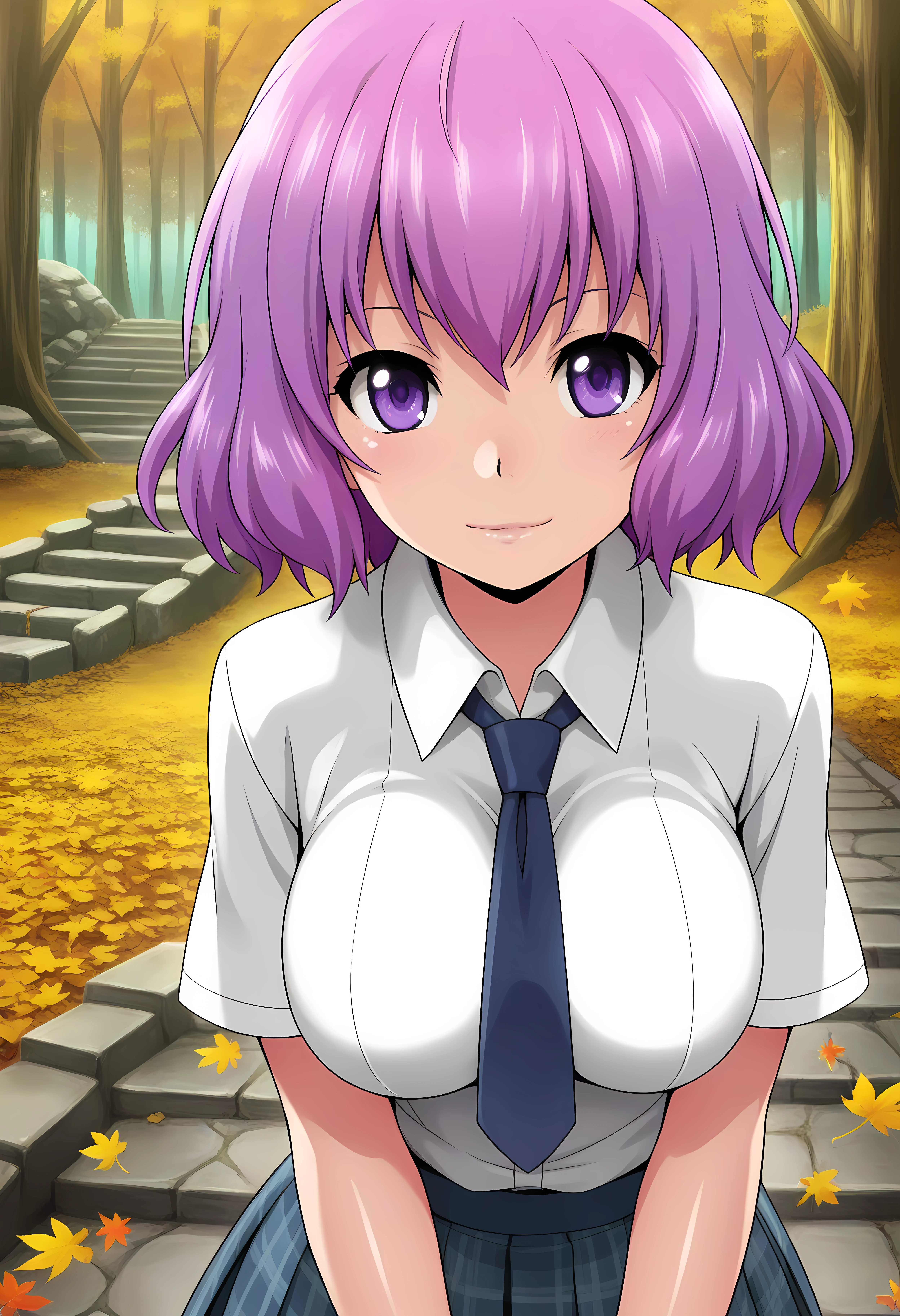 looking at viewer, shiny skin, upper body, light smile, petite,ohwx, short_hair, purple_hair, purple_eyes, 1girl, breasts, large_breasts, medium_breasts, pink_hair,necktie, skirt, school_uniform, shirt, white_shirt, short_sleeves, collared_shirt, Old Japanese stone steps in a dense forest, autumn leaves scattered, mysterious and ancient ambiance,<lora:hanabi_kawai_illustrious_sobsynapse-000003:1>