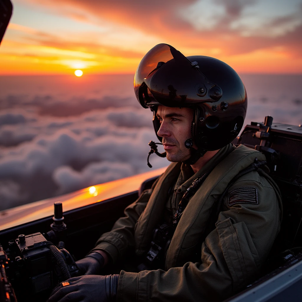 Imagine an image in cinematic realism: An RAF pilot, wearing an RAF flight suit, sits in the cockpit of a fighter jet high above the clouds. With a focused gaze visible through the visor of their helmet, they grip the controls, ready for action as the sun sets in fiery colors over the horizon, casting a golden glow over the aircraft’s sleek surfaces.