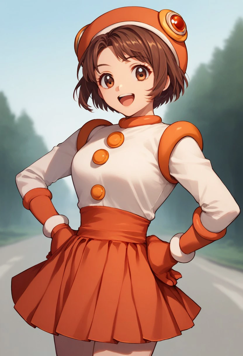 score 9, score 8 up, score 7 up, clarahananokouji, 1girl, solo, smile, short hair, skirt, brown hair, shirt, gloves, long sleeves, hat, bow, holding, brown eyes, open mouth, white shirt, cowboy shot, red skirt, magical girl, red gloves, outdoors, hands on hips,